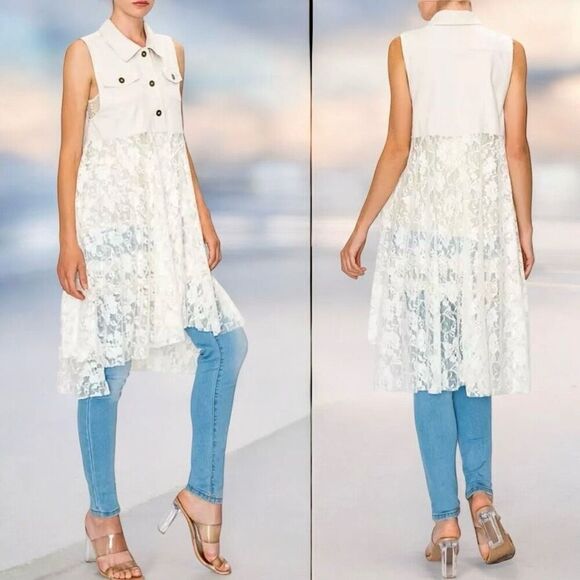 ORIGAMI Ivory White BOHO Western Sleeveless Cardigan Duster Suede & Lace Vest 2X - Picture 2 of 15